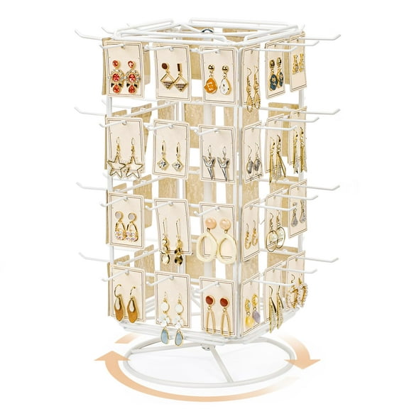 360 Rotating Earring Display Stands for Selling, 4 Tier Metal Earring Rack Holder Stand, 48 Hooks (White)