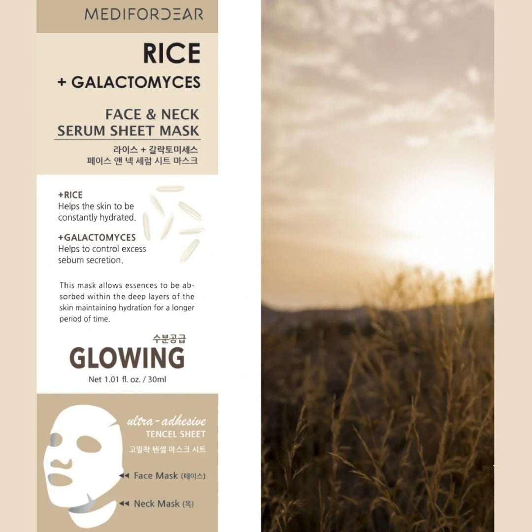10pc Set MEDI FOR DEAR Rice and Galactomyces Face and Neck Mask | Korean Beauty Sheet Mask | Moisture & Calming