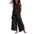 thumbnail image 2 of Women's Two Piece Outfit, Sleeveless Smocked Neck Top and High Waist Wide Leg Pants Set, Casual Summer Linen Look Matching Set with Pockets, Black L, 2 of 6