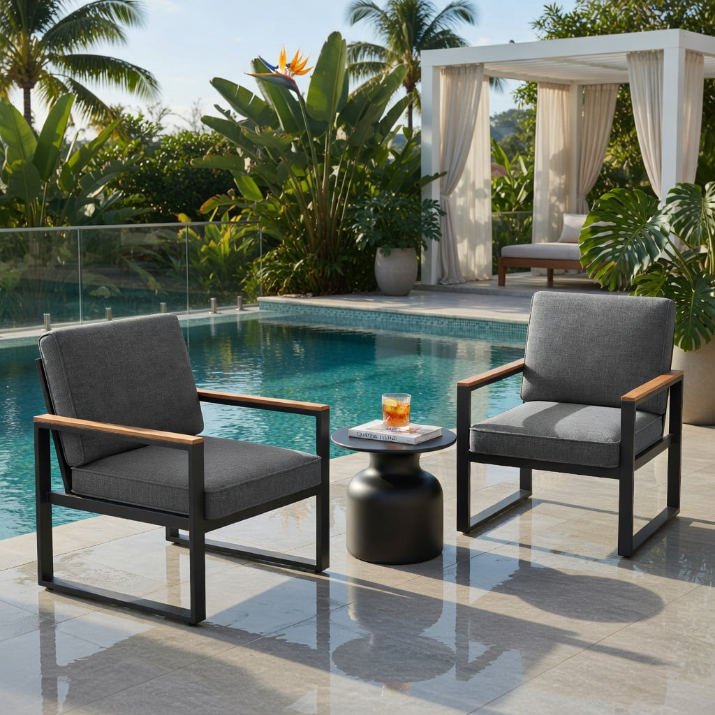 Hommoo Modern Aluminum Patio Armchair Set of 2 with Gray Olefin Cushions, Weather-Resistant, Easy Assembly for Balcony, Backyard & Poolside, Gray