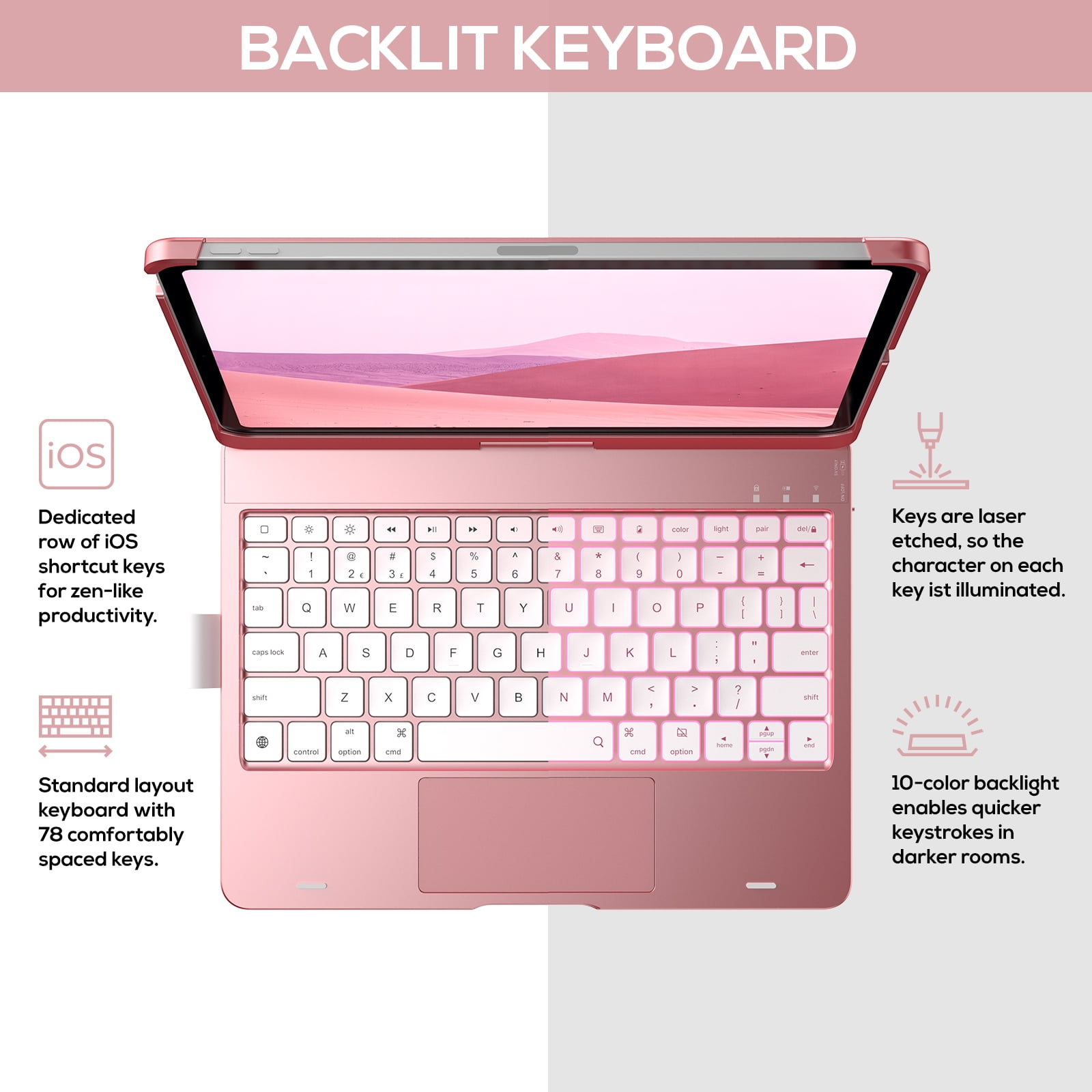 typecase Keyboard Case with Trackpad for iPad Air 11-inch (M4/M3/M2, 2026/2025/2024), Pro 11", Air 5 & 4, 360° Wireless Backlit Keyboard with Pencil Holder, Pink