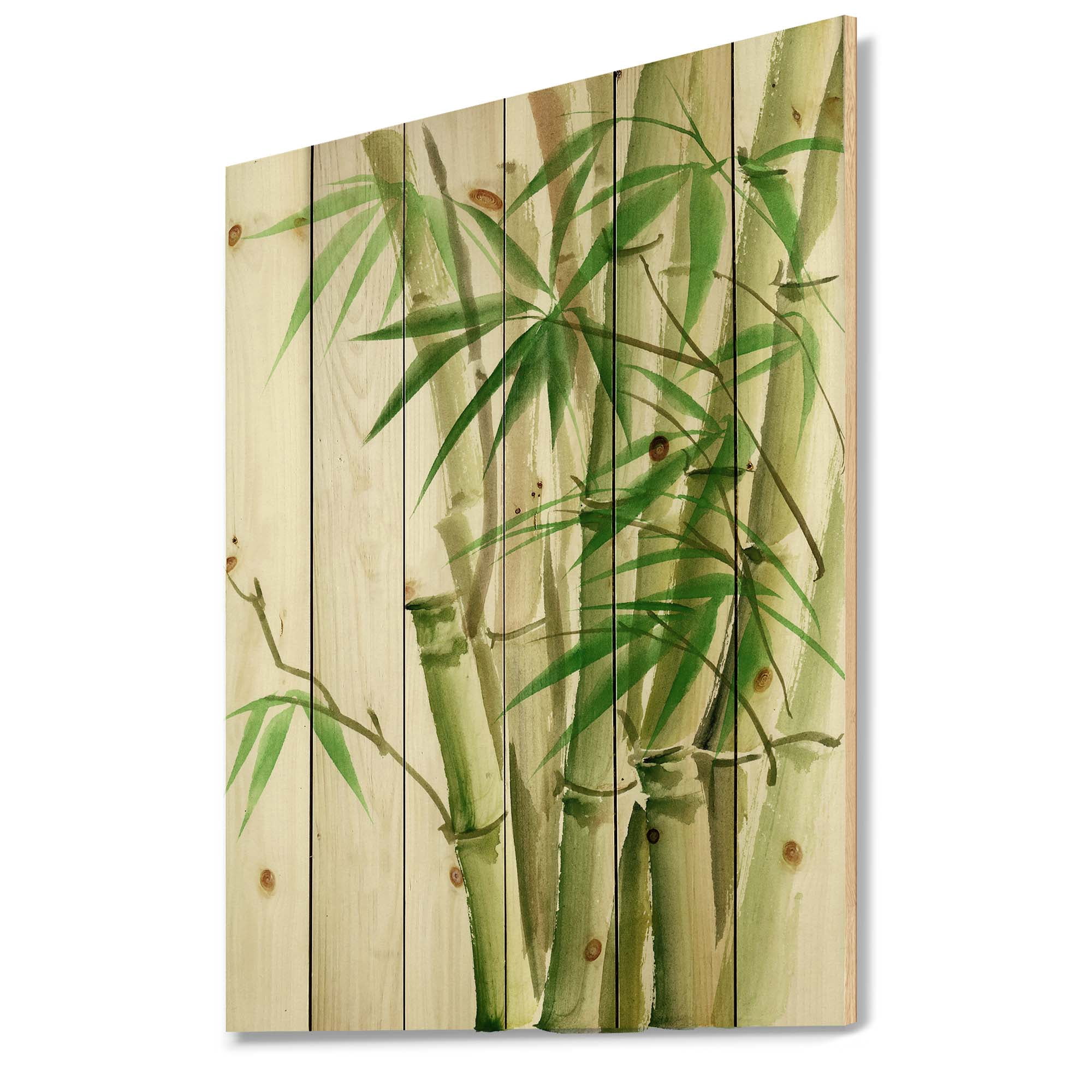 Designart 'Detail of Dark Green Bamboo and Leaves II' Traditional Print on Natural Pine Wood