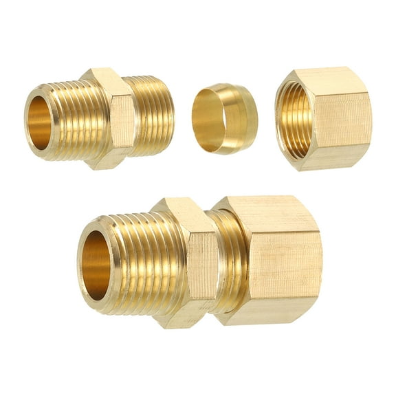 2Pack Brass Pipe Fitting, 1/2" OD x 3/8" NPT Male Brass Compression Tube Fitting, Brass Compression Union Connector, Brass Straight Coupling Adapter Fitting Fit 1/2" Pipe