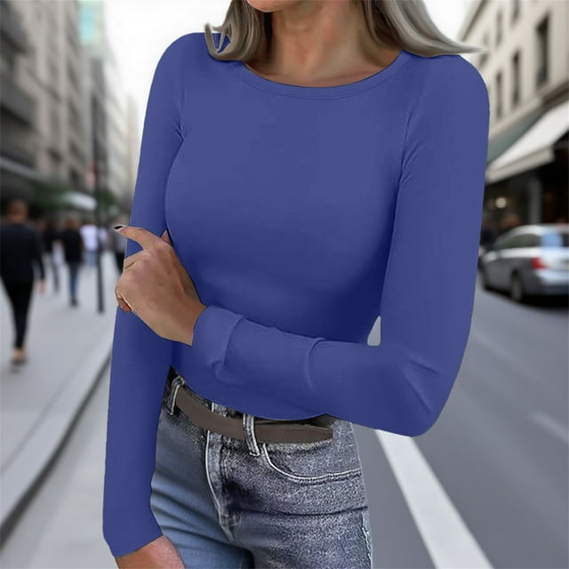 Chemise à Manches Longues Doublée en Polaire Thermique pour Femmes, Col Rond en Velours Double Face, Couche de Base pour Automne Hiver, Confort Chaud, Bleu TTTG