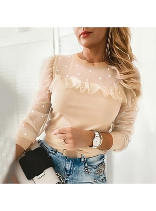 Sheer Womens Fall Fashion Trendy Round Neck Mesh Shirt Pullover