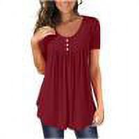Femmes Tops d'Été Femmes 2023 Femmes Été Couleur Unie Col Rond Bouton Plissé Manches Courtes Tops Rouge XXL