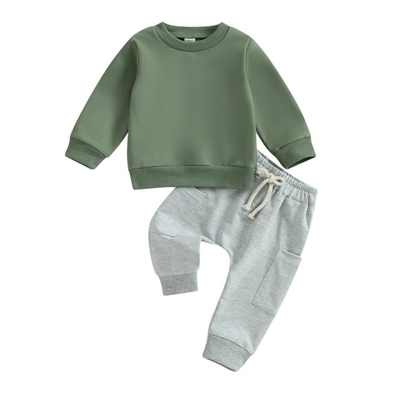 Toddler Boy Fall Outfits 6M 12M 18M 24M 3Y Solid Color Crew Neck Long Sleeve Sweatshirts and Long Pants 2Pcs Clothes Set