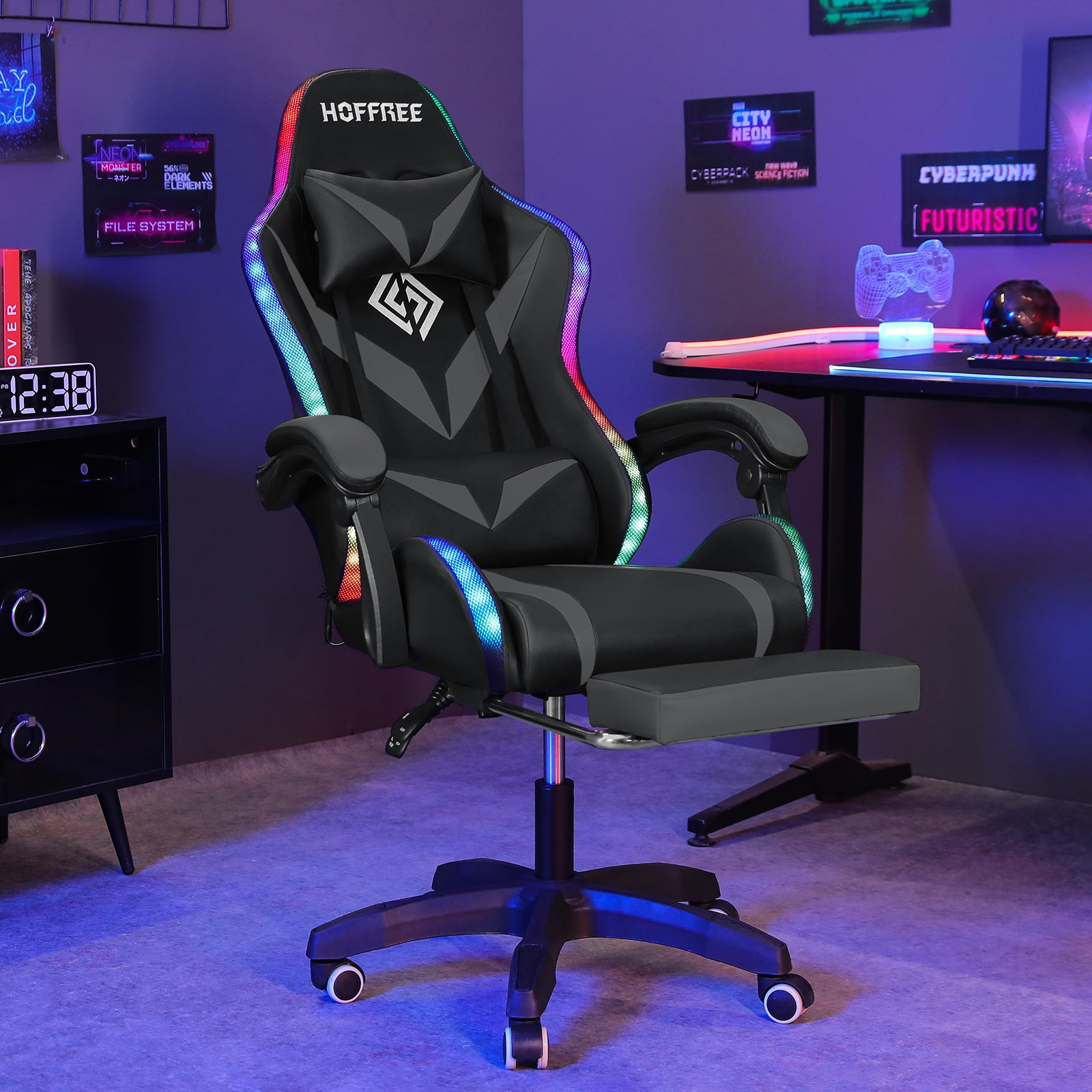 HOFFREE Gaming Chair with Massage and LED RGB Lights Ergonomic Computer Chair with Footrest High Back Video Game Chair with Adjustable Lumbar Support Linkage Armrest for Home Office