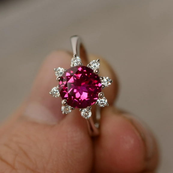 Created Ruby Round Cut Engagement Ring Silver July Birthstone Ring