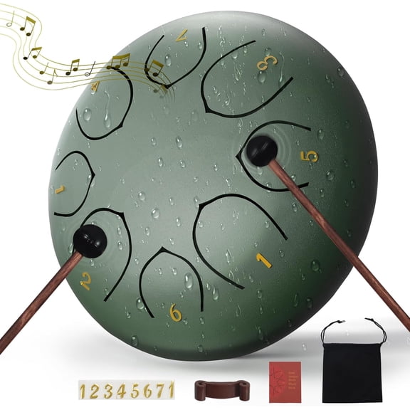 Fosoundpro Steel Tongue Handpan Drum 6 Inch 8 Notes, Rain Drum with Mallets, Music Book, Portable Bag (Green)
