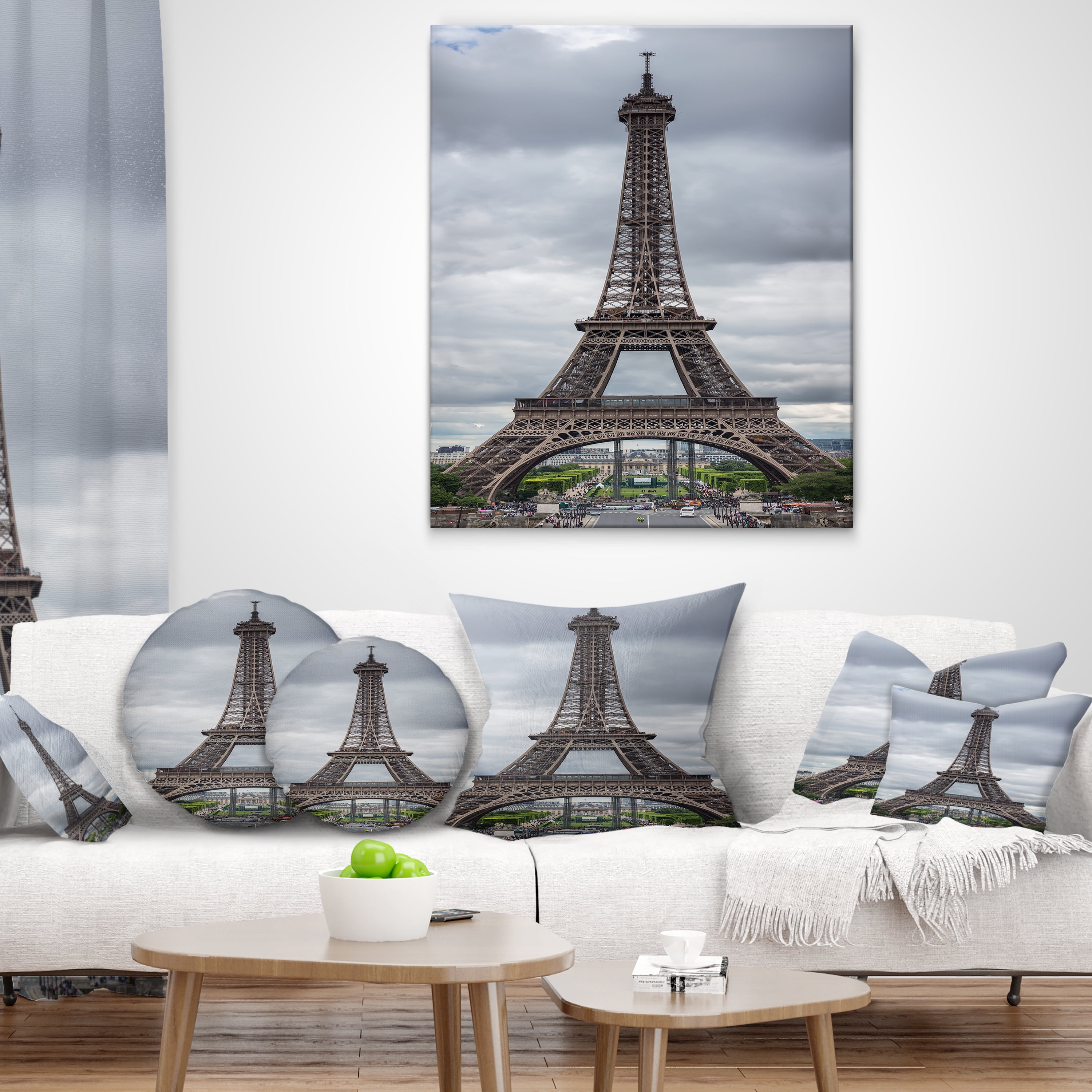 Designart Grayscale Paris Eiffel Tower - Cityscape Photography Throw Pillow - 12x20