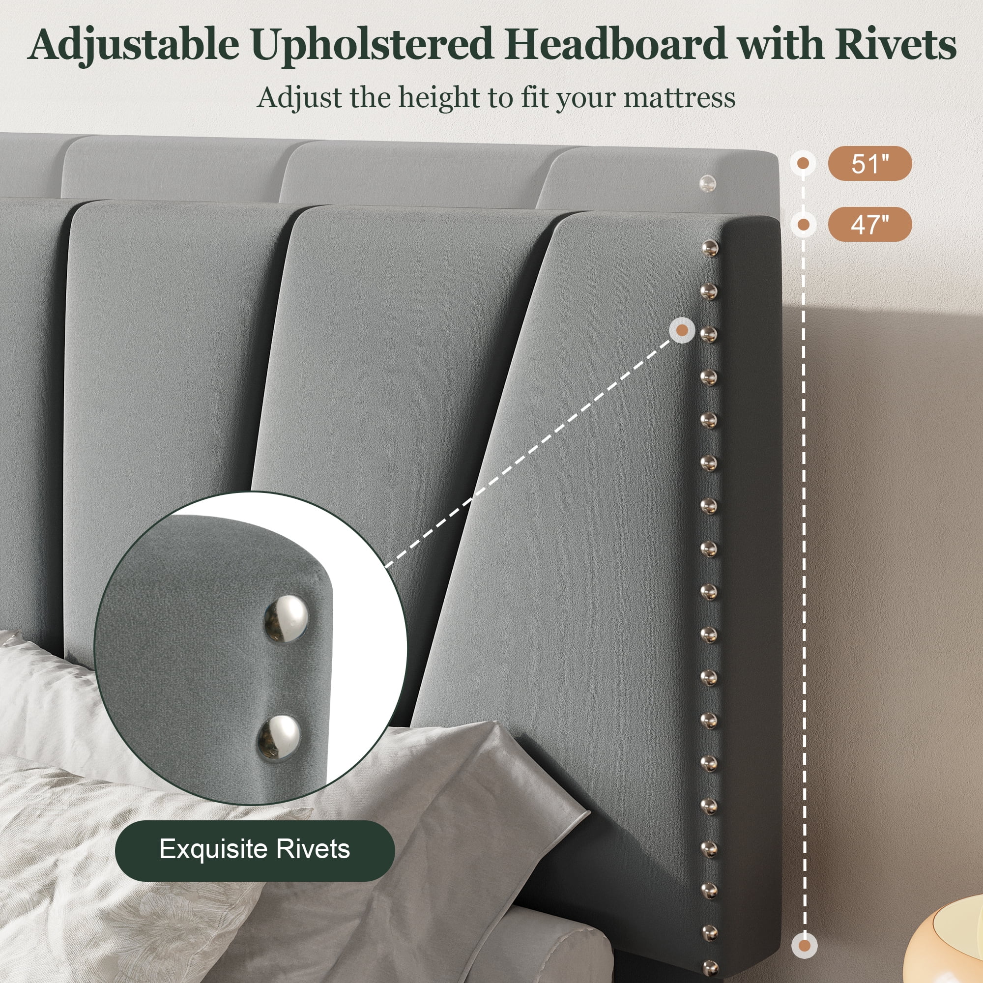Amolife King Size Platform Bed Frame with Adjustable Velvet Upholstered Headboard, Gray