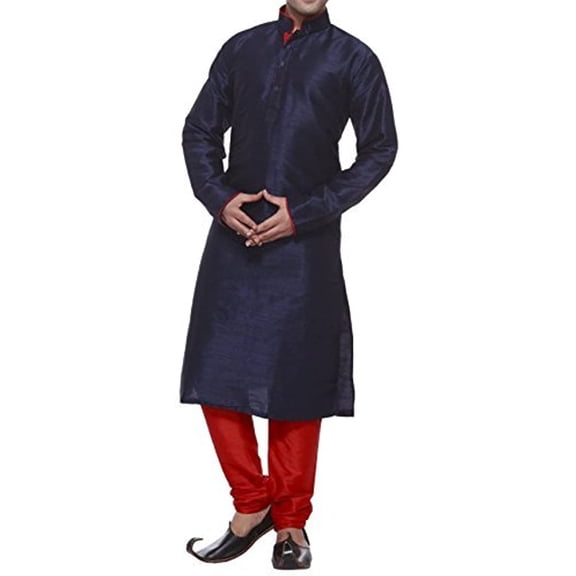 Royal Kurta Men's Dupion Silk Contrast Piping Kurta Churidar