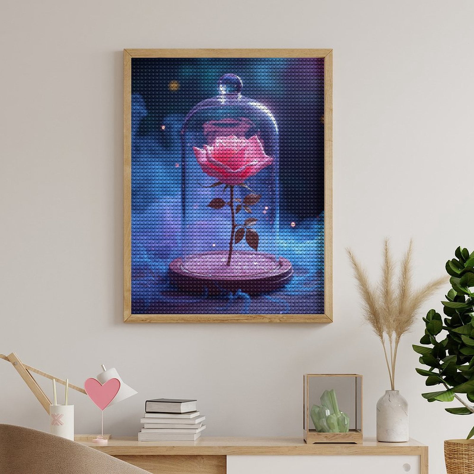 Diamond Art Kits for Adults, Enchanted Pink Rose Glass Display 5D Diamond Painting Kits for Adults Beginners, DIY Full Drill Diamond Painting, Gem Art and Crafts 12x16