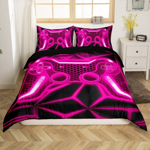 Erosebridal Teens Gamepads Comforter Cover Twin,Black Pink Bedding Twin Size,Video Game Duvet Cover Twin,Breathable Geometric Room Decor,Reversible,2-Piece(No Comforter)