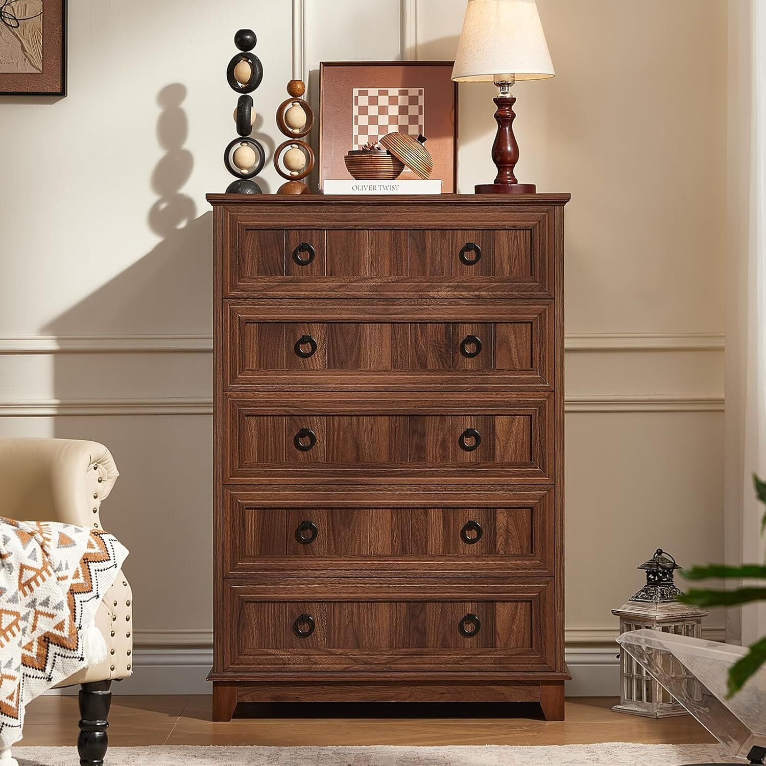 Farmhouse Dresser for Bedroom Set of 2, Modern Wooden 5 Drawer Tall Dresser, Chest of Drawers, Storage Cabine Living Room Hallway, Brown