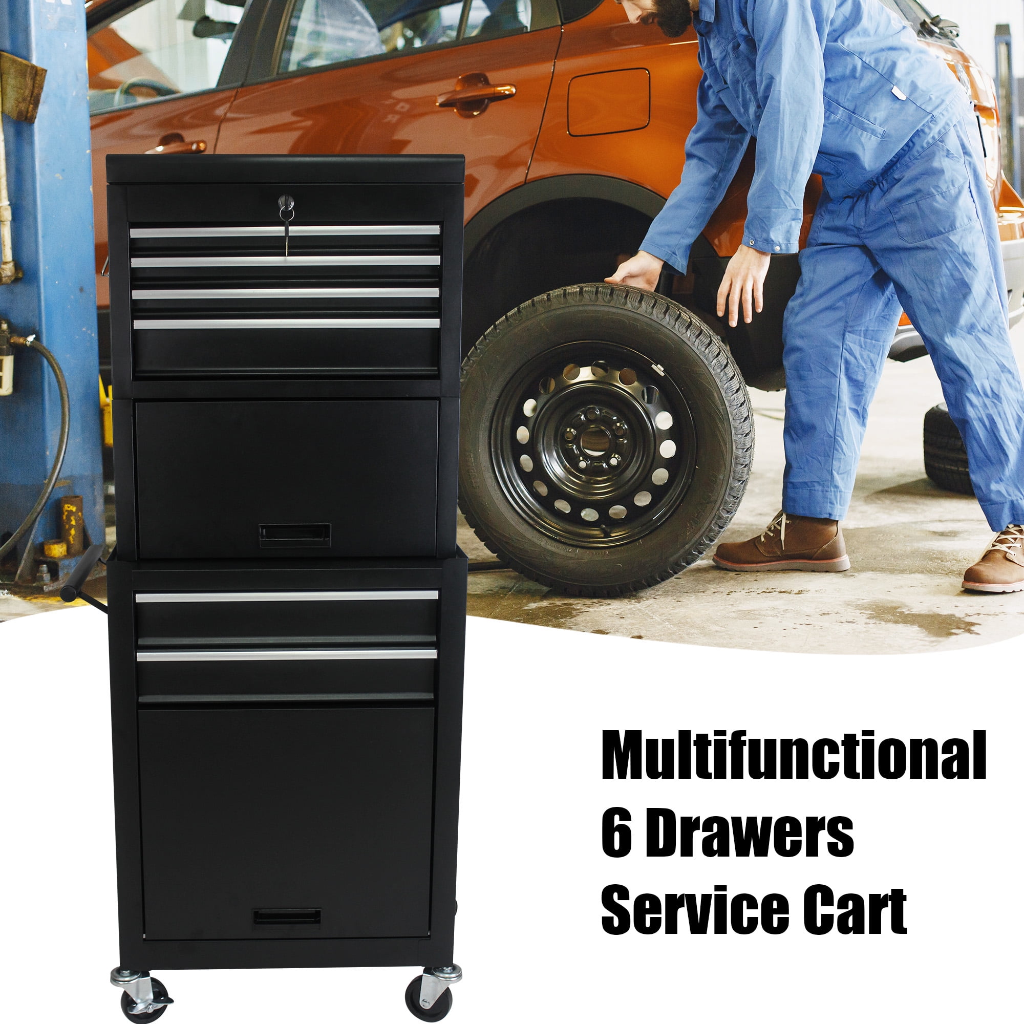 Seizeen 6-Drawer Rolling Tool Box, 3-IN-1 Metal Tool Chest Detachable, Garage Storage Cabinet for Tool Organizer, Black Toolbox On Wheels Lockable