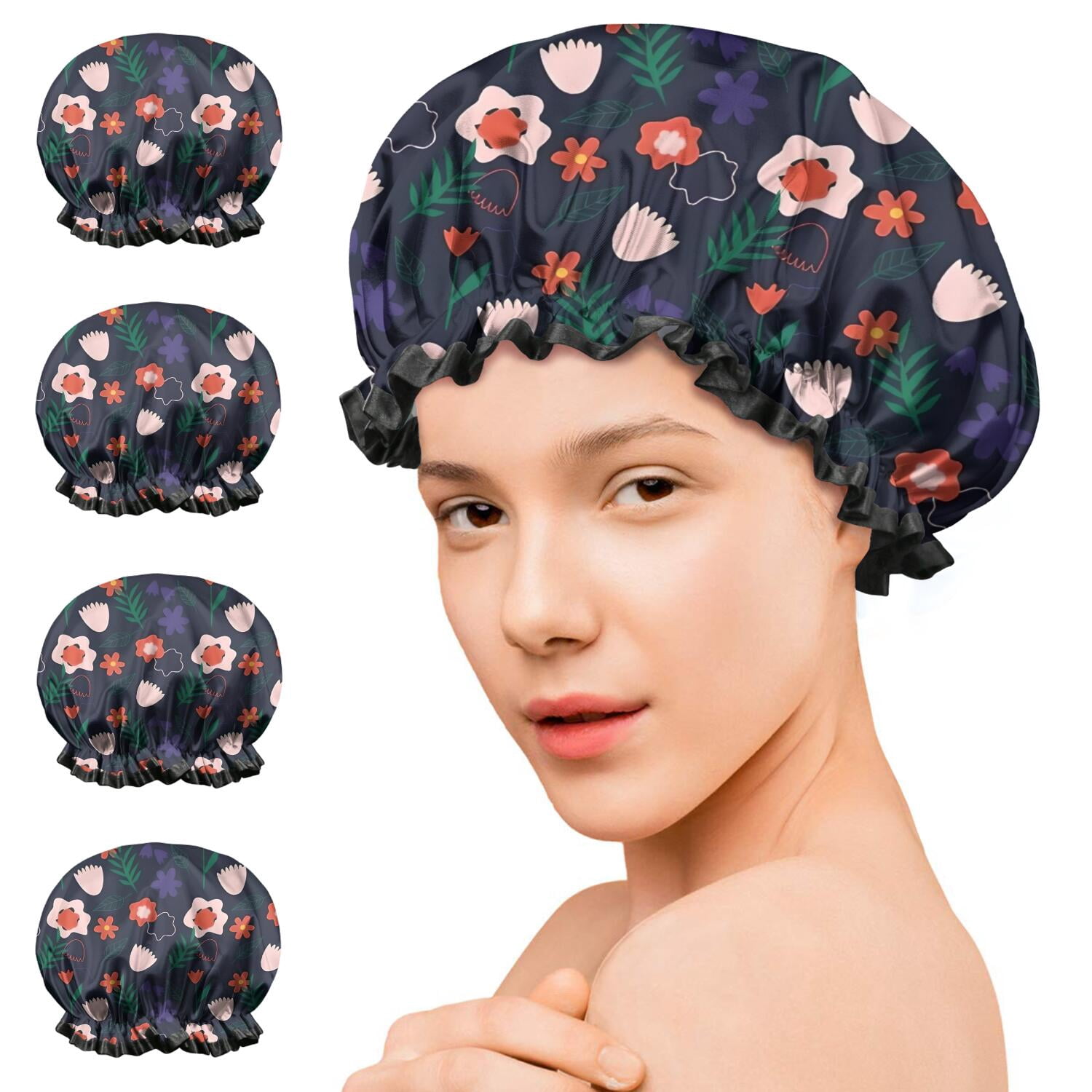 Shower Caps,Pioneer Flower Floral Print Pattern Waterproof Shower Cap for Women 4 Pieces,Double Reusable Hair Cover for Shower PEVA Elastic Stretch Hem