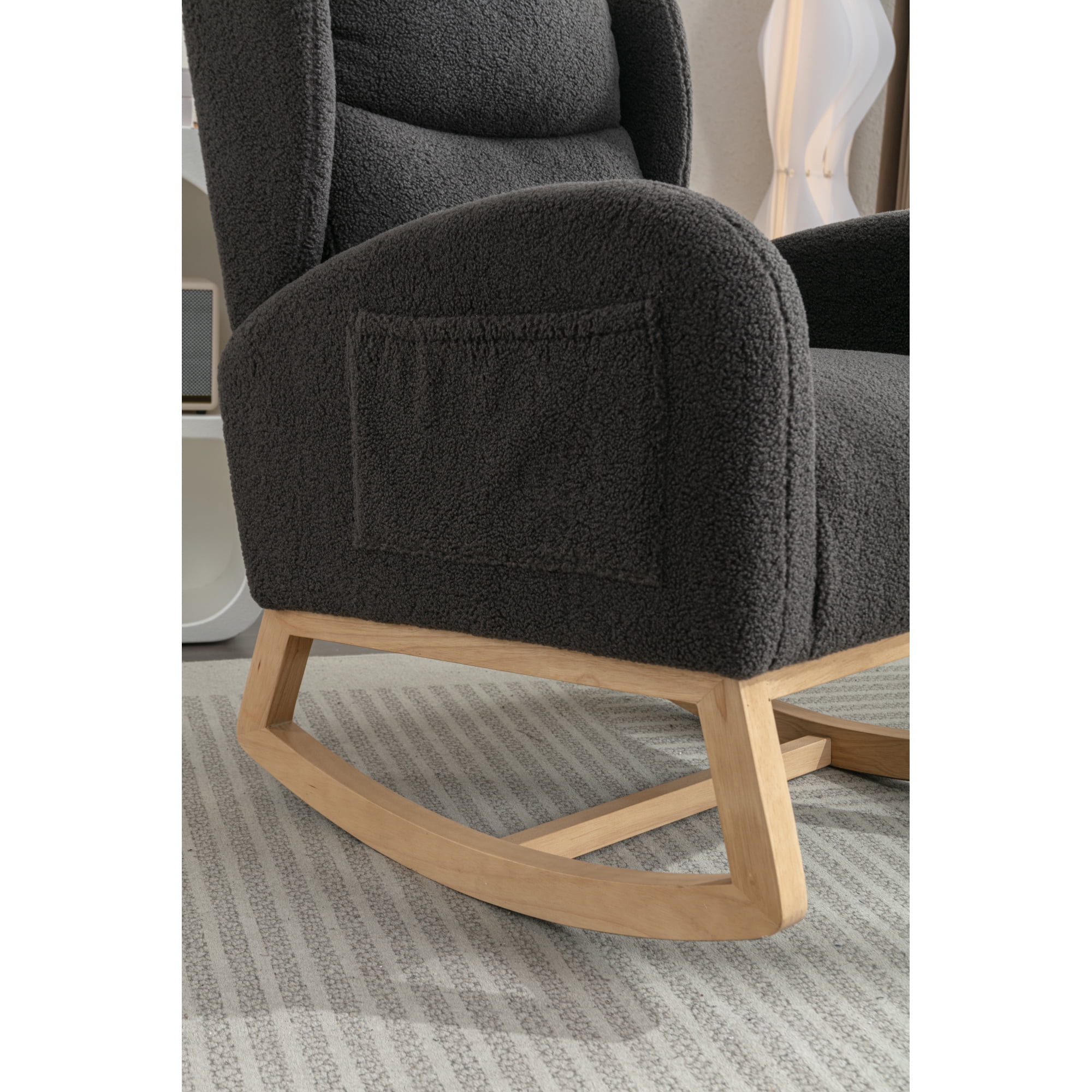 Rocking Chair Nursery,Teddy Fabric Uplostered Rocking Glider Chair with Side Pocket,Modern High Backrest Single Sofa for Living Room, Hotel, Bedroom, Baby Room,Dark Gray