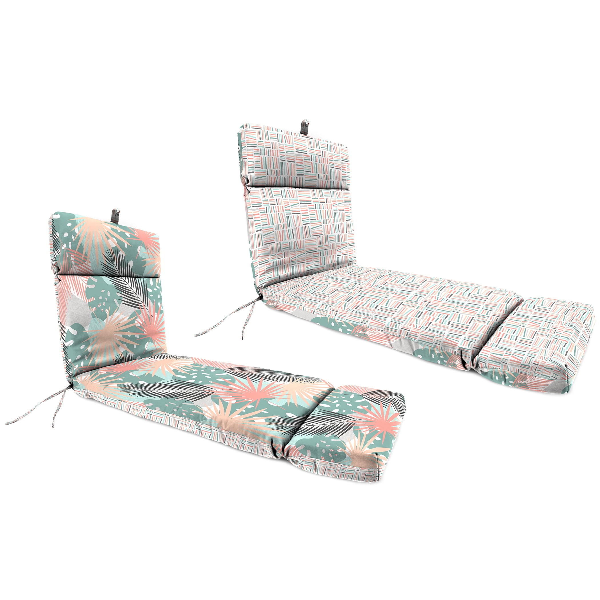 Jordan Manufacturing 72" x 23" Baloo Stardust Coral and Teal Leaves and Midas Stardust Dash Rectangular Reversible Outdoor Chaise Lounge Cushion with Ties and Hanger Loop
