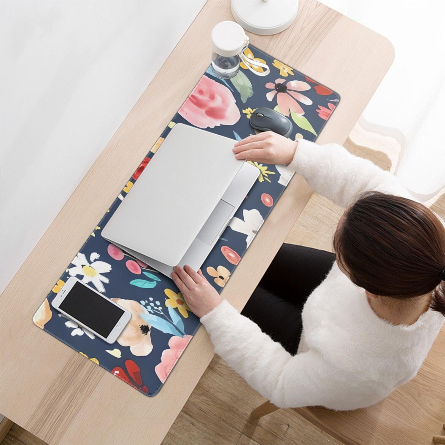 Long Mouse Pads for Desk,Pioneer Flower Floral Print Pattern Desk Mats on Top Of Desks, Desk Mouse Pad Extra Large with 3mm Non-Slip Base and Stitched Edge for Gaming,Office,Work,Home 31.5"x11.8"