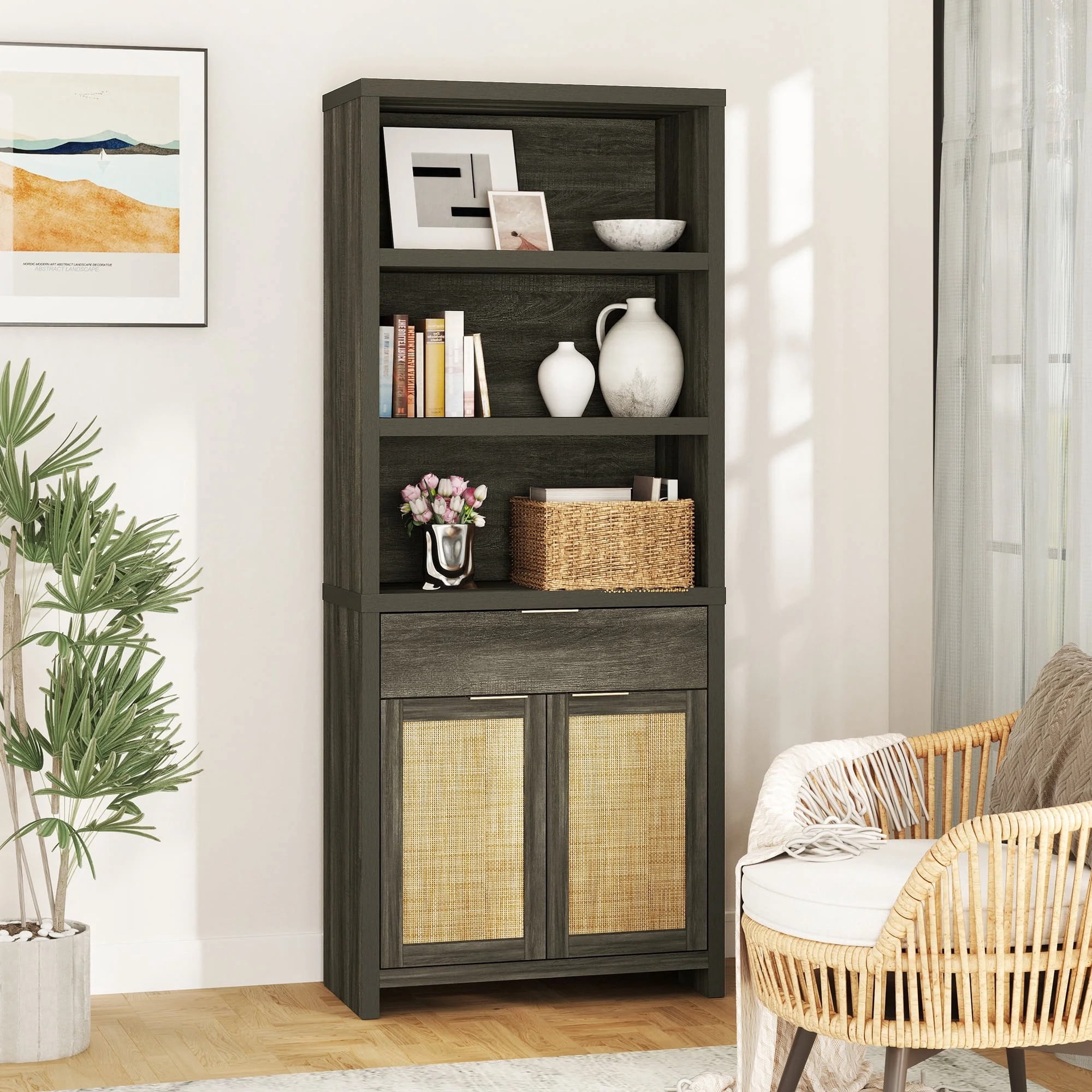ARKANTOS Rattan Bookcase with Doors, 5 Shelf Adjustable Bookshelf and Storage Cabinet, Charcoal Oak