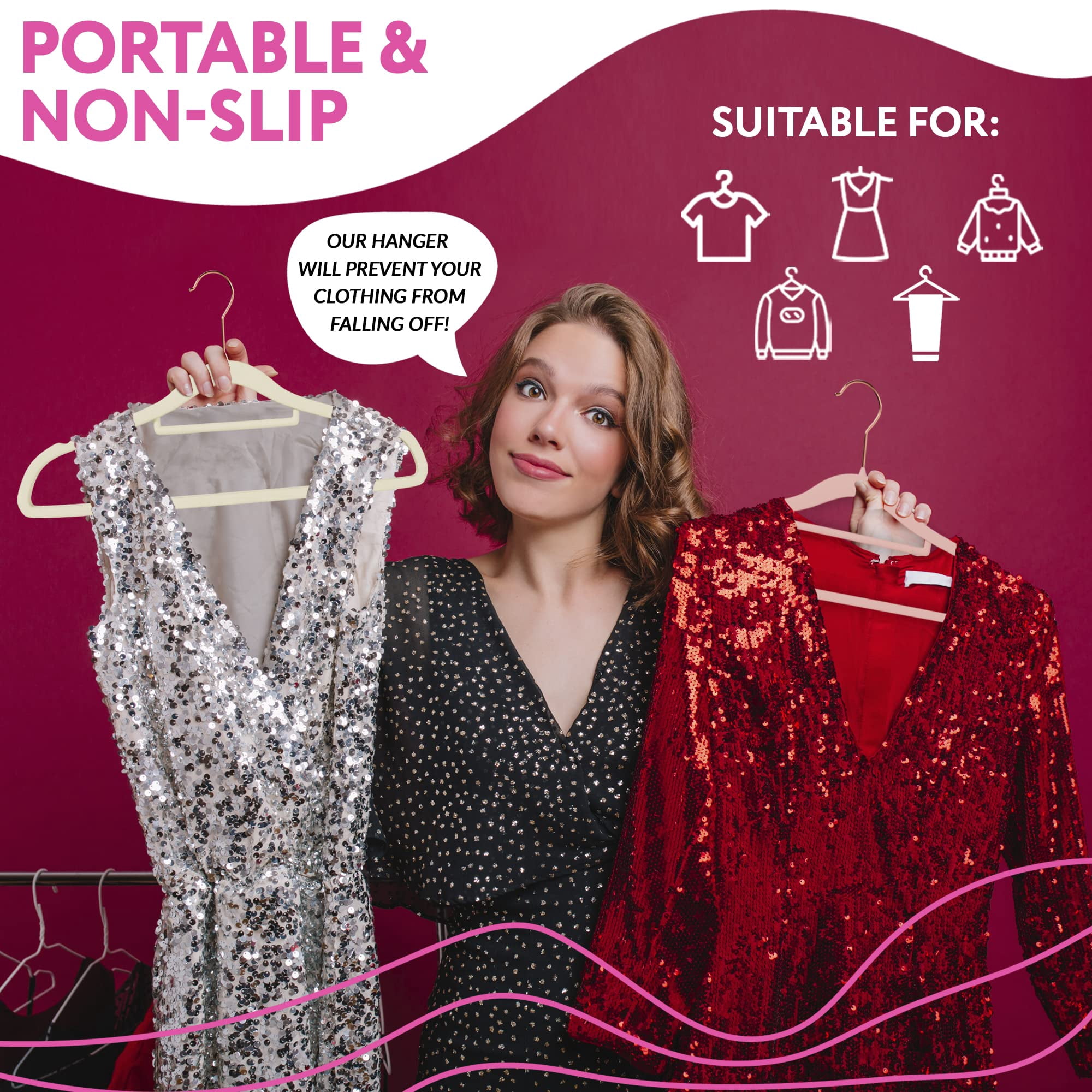 Rose Thin Velvet Hangers. Pack of 150 Non Slip Hangers with 360 Rotating Chrome Hook, Notched Shoulders