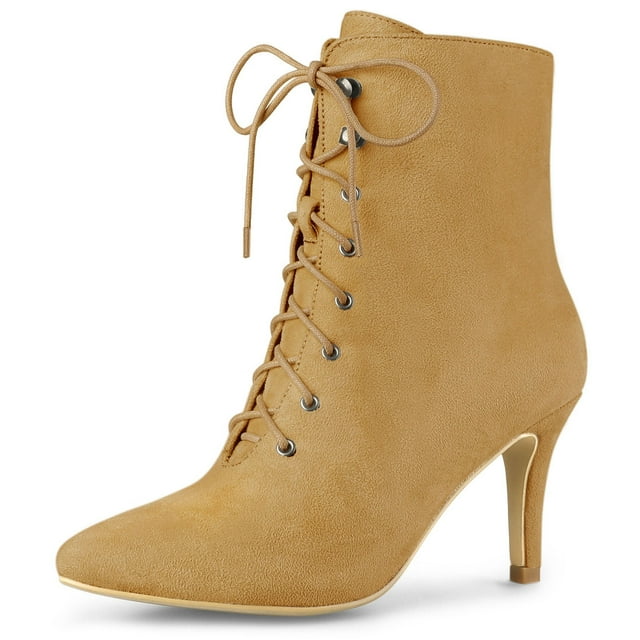 Unique Bargains Women's Pointed Toe Zip Lace Up Stiletto Heels Ankle Boots