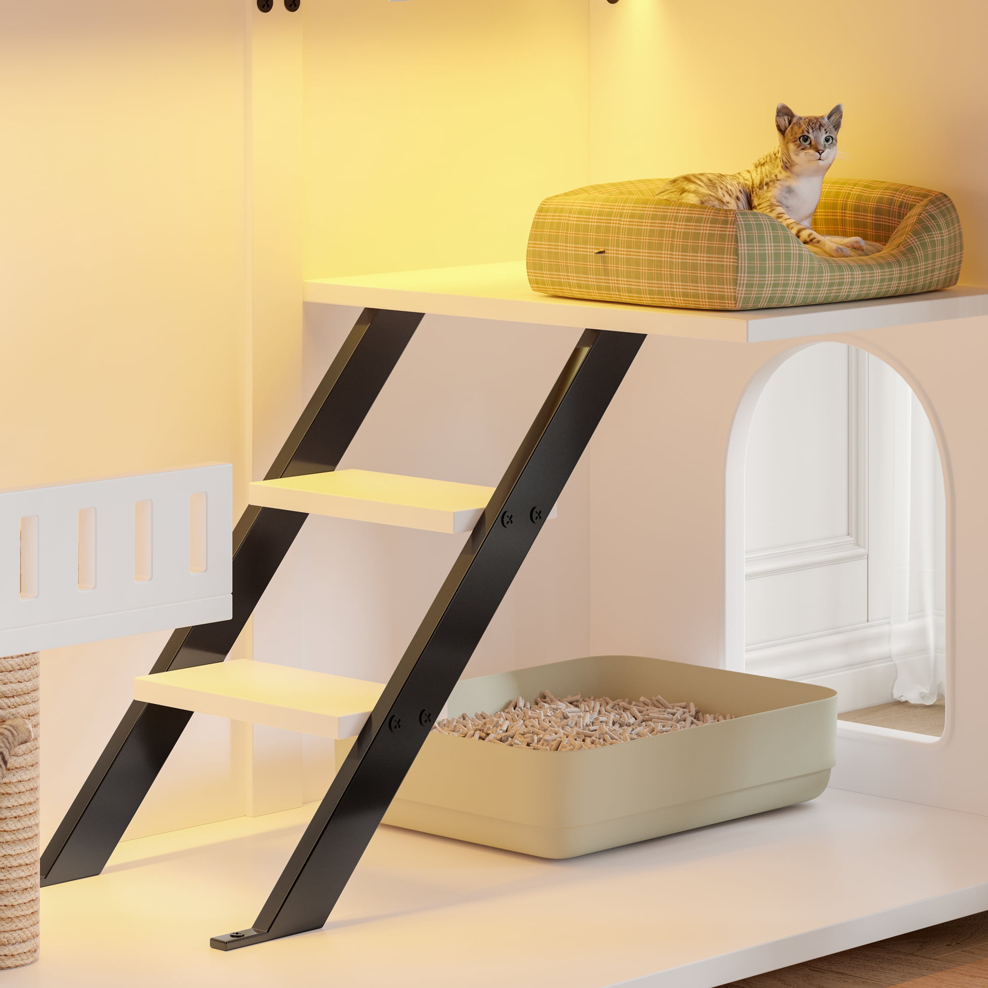 47.25" Large Cat Litter Box Enclosure with LED Light, Hidden Litter Box Furniture, Cat House with Stairs and Cat Scratching Post, Cat Cabinet Side Table with Smart Doors for Living Room, White