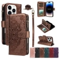 thumbnail image 1 of For iPhone 14 Pro Wallet Case, 9 Card Slots RFID Blocking Crossbody Leather Cover, Zipper Pocket, Detachable Wrist & Shoulder Strap, Magnetic Shockproof Protective Phone Case for Women,Brown, 1 of 11