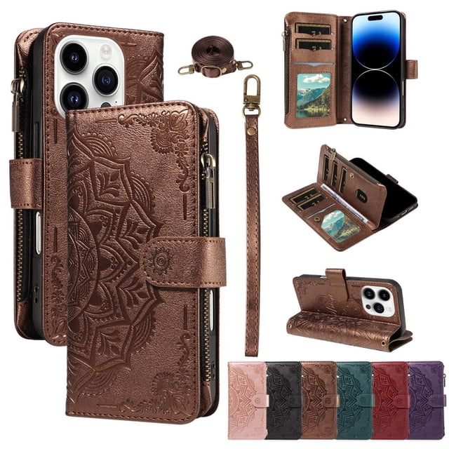 For iPhone 14 Pro Wallet Case, 9 Card Slots RFID Blocking Crossbody Leather Cover, Zipper Pocket, Detachable Wrist & Shoulder Strap, Magnetic Shockproof Protective Phone Case for Women,Brown