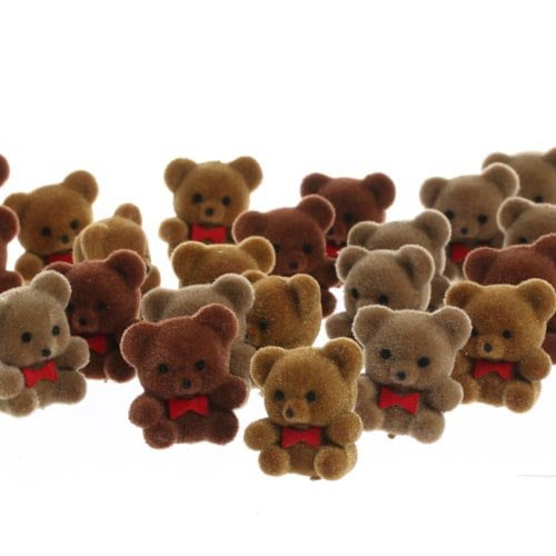 Package of 24 Sitting Assorted Brown Flocked Miniature Bears with Cute Red Bow Ties for