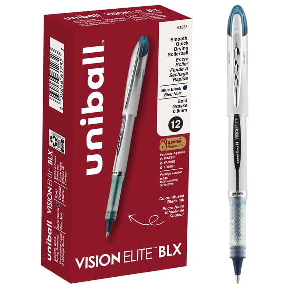 uniball™ Vision Elite BLX Rollerball Pens, Bold Point (0.8mm), Blue BLX Ink, 12 Pack