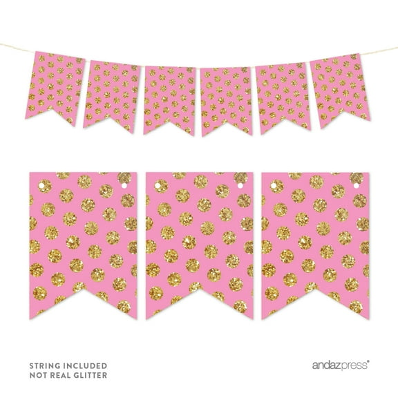 Pink Pennant Party Banner Gold Glitter Polka Dots