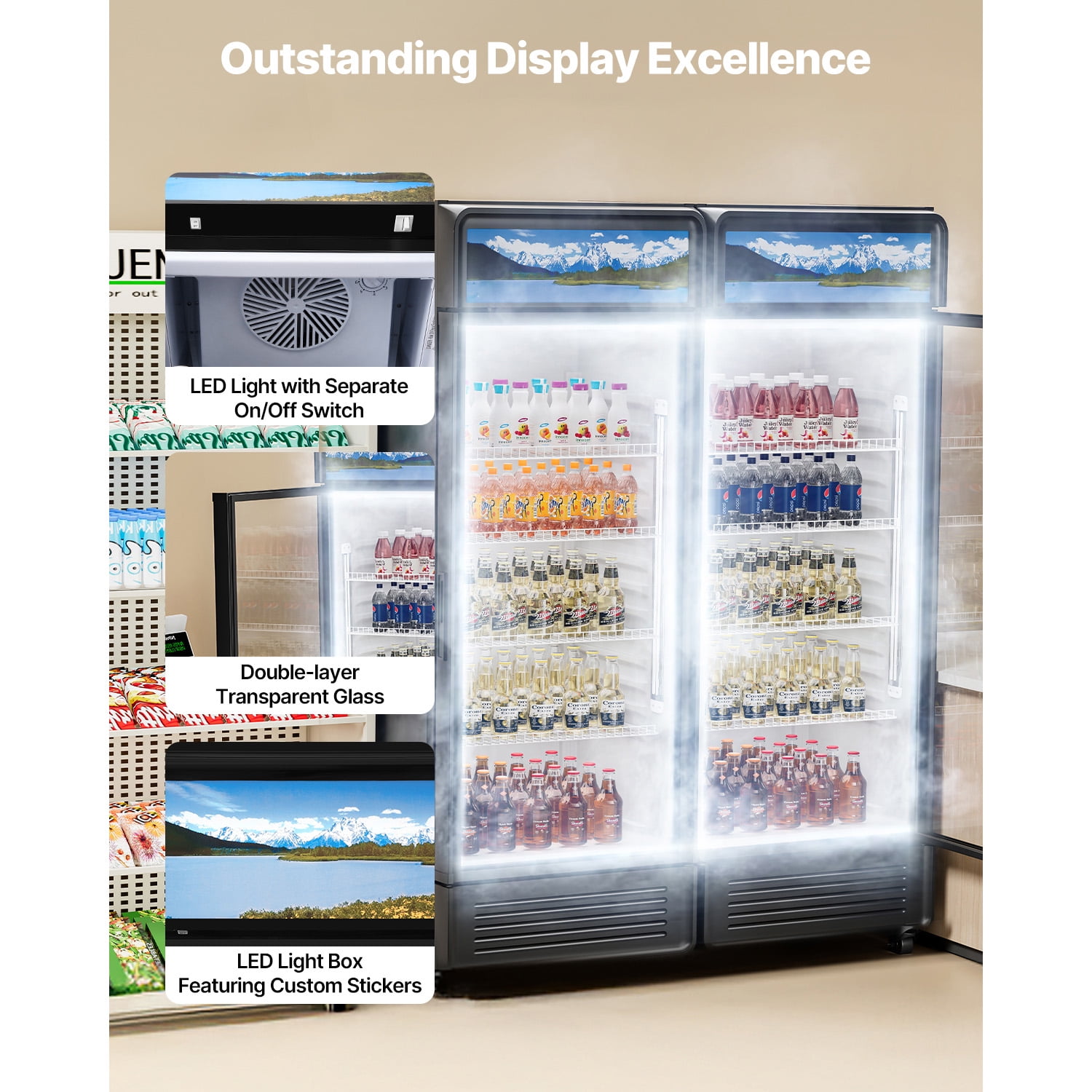 KFFKFF Commercial Merchandiser Refrigerator Single Glass Door 12.2 Cu ft , Display Beverage Cooler Merchandiser Customizable Lightbox