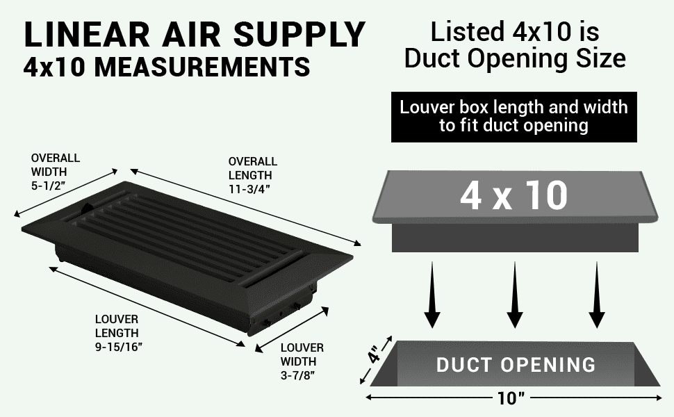 Linear 4"x10" Solid Cast Aluminum Air Supply louvered Vent | Powder Coated
