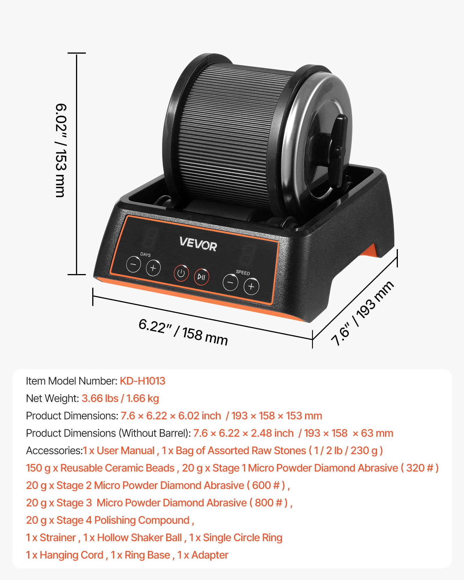 VEVOR Rock Tumbler, 1 lb Rock Polishing Machine, Rocks Tumbling Kit with 4-Speed Adjustment, 1–9 Day Timer, Direct Drive Motor Rocks Polishing Kit for Rose Quartz, Amethyst, Quiet Operation