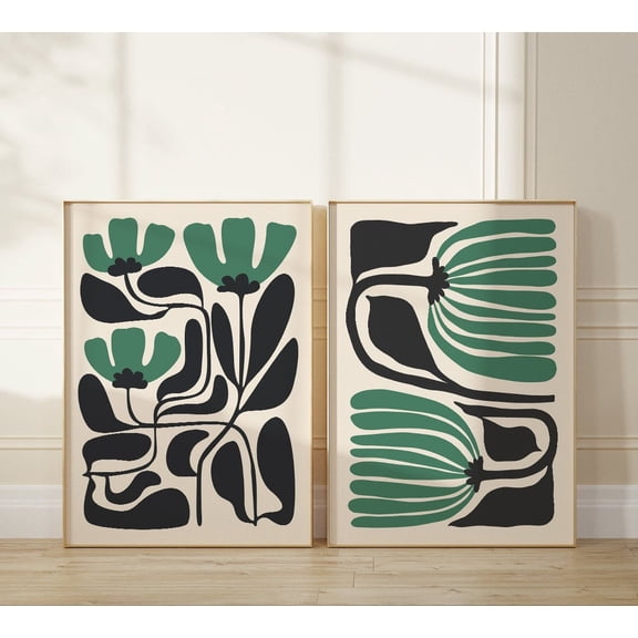 Abstract Green Black Flower Art Mid Century Wall Art Japandi Boho Flower Decor Set 2 Unframed Paper Print 8x12