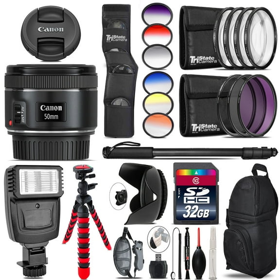 Canon EF 50mm f/1.8 STM Lens   Flash   Color Filter Set - 32GB Accessory Kit (International Version)