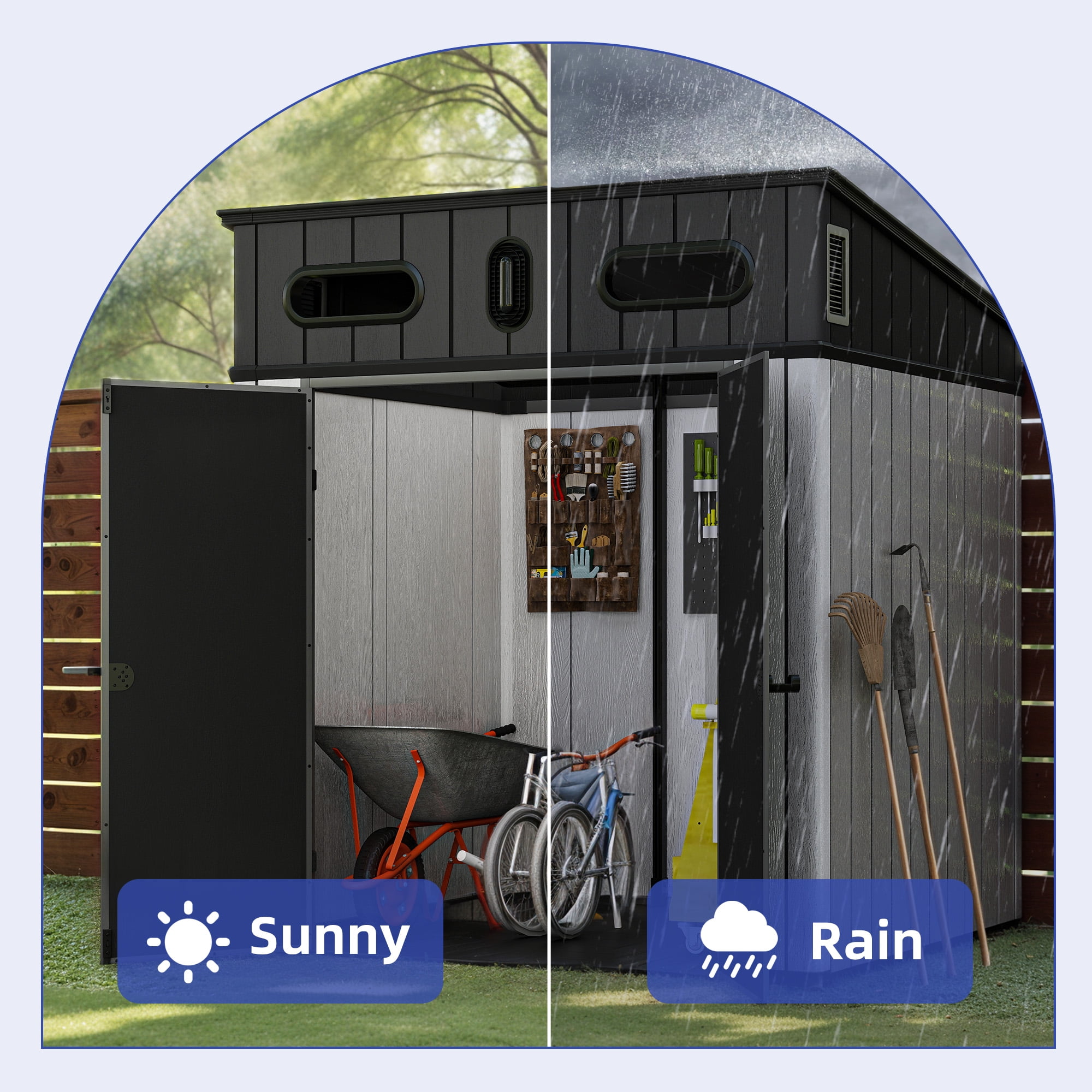 Uforic 6x6 ft Outdoor Polymer Storage Shed Unit w/Viewing Panels, Base, Dual Entryways for Equipment, Bicycles, Gray