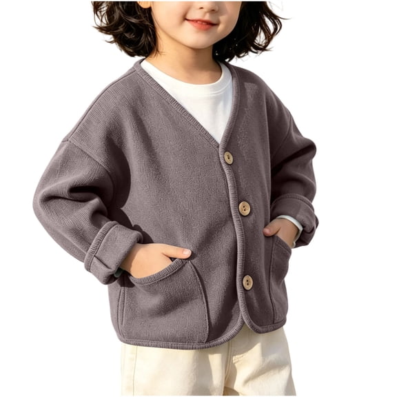 Jalioing Toddler Kids Sherpa Jacket Solid Long Sleeve V Neck Button Down Cardigan Coat Boys Girls Casual Outerwear