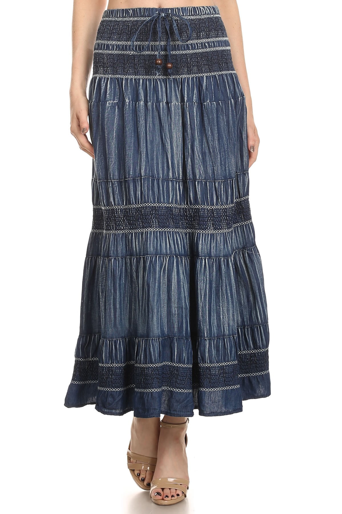 Fit and Flare Tiered Layers Denim Skirt or Midi Dress Smocked Strapless ...