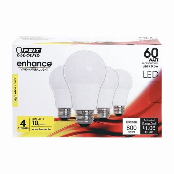 Feit Electric LED,8.8 W,A19,Medium Screw (E26),PK4 OM60/930CA10K/4