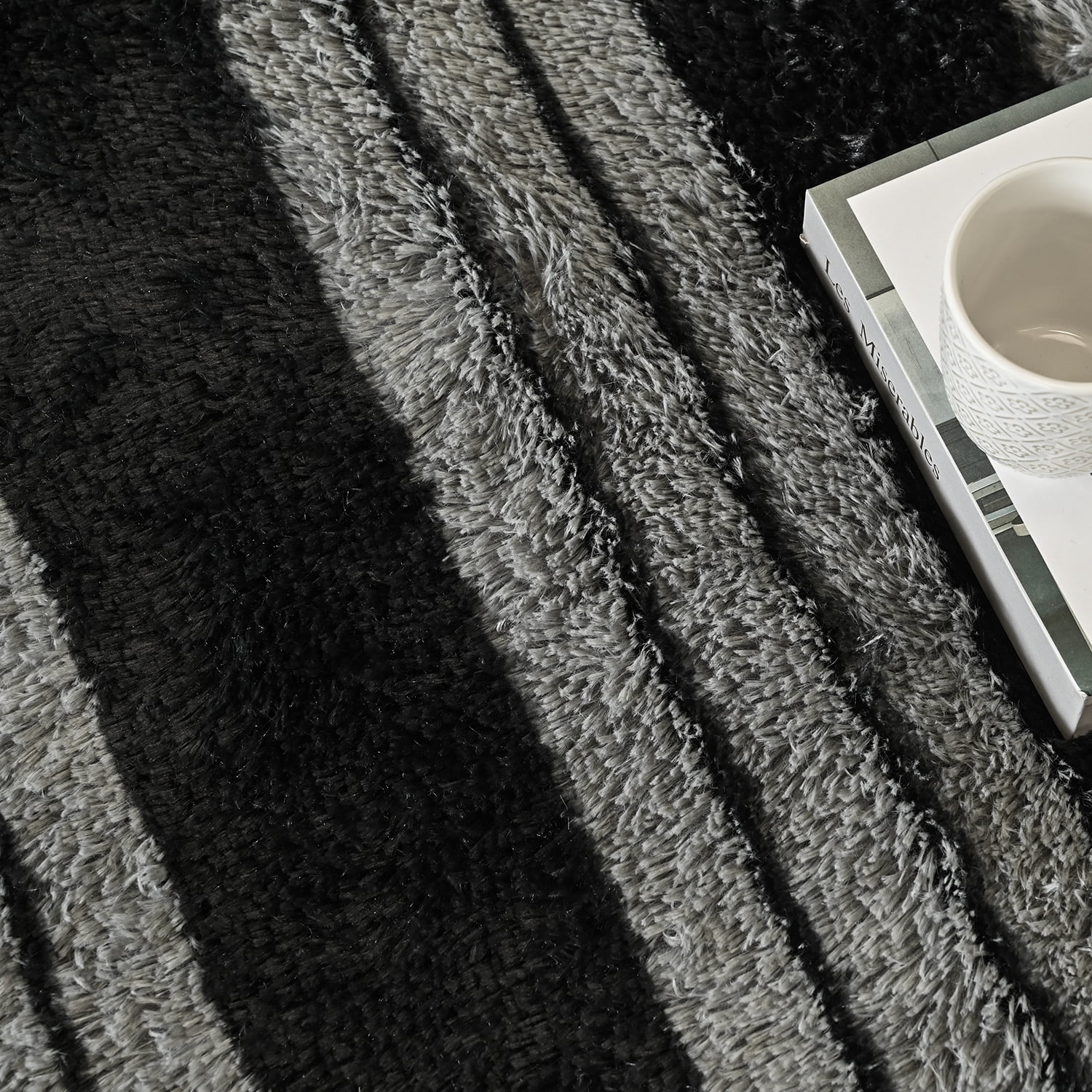 Pentantan 8ft x 10ft Shag Area Rugs for Living Room, Modern Stripe Fluffy Bedroom Carpet, Black & Gray