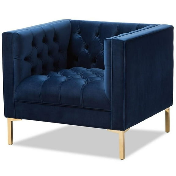 Baxton Studio Zanetta Velvet Tufted Lounge Chair in Navy and Gold