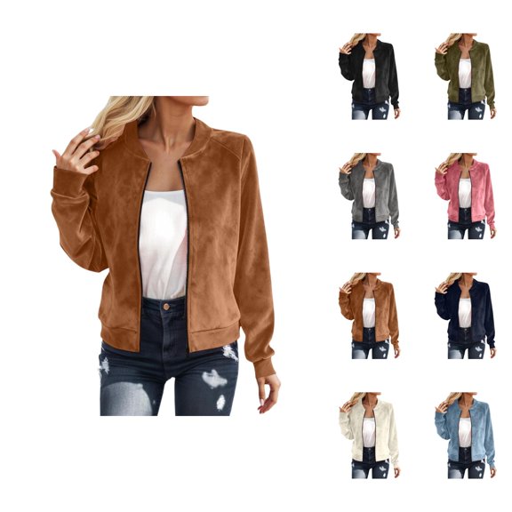 Bomber Jacket Women Fall Lightweight Long Sleeve Casual Faux Suede Zip Up Jackets Coat Outerwear Streetwear