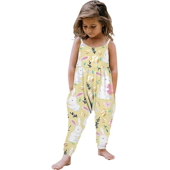 Girls Easter Jumpsuit Sleeveless Spaghetti Strap Harem Pants Bunny Rabbit Print Yellow Kids 1-6 Years,Size 4 T