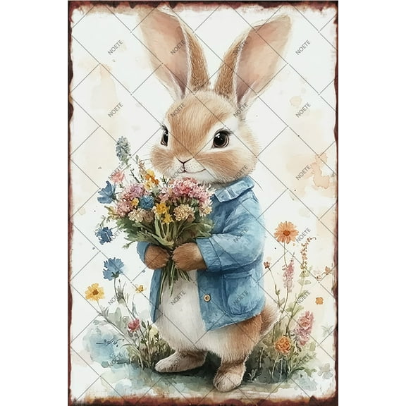 NOETE 8x12 Inch Easter Bunny Decorations Tin Sign, Primitive Country Rabbit Wall Art for Spring, Home, Classroom, Rustic Bunny Decor, Vintage Easter Gifts for Kids & Family