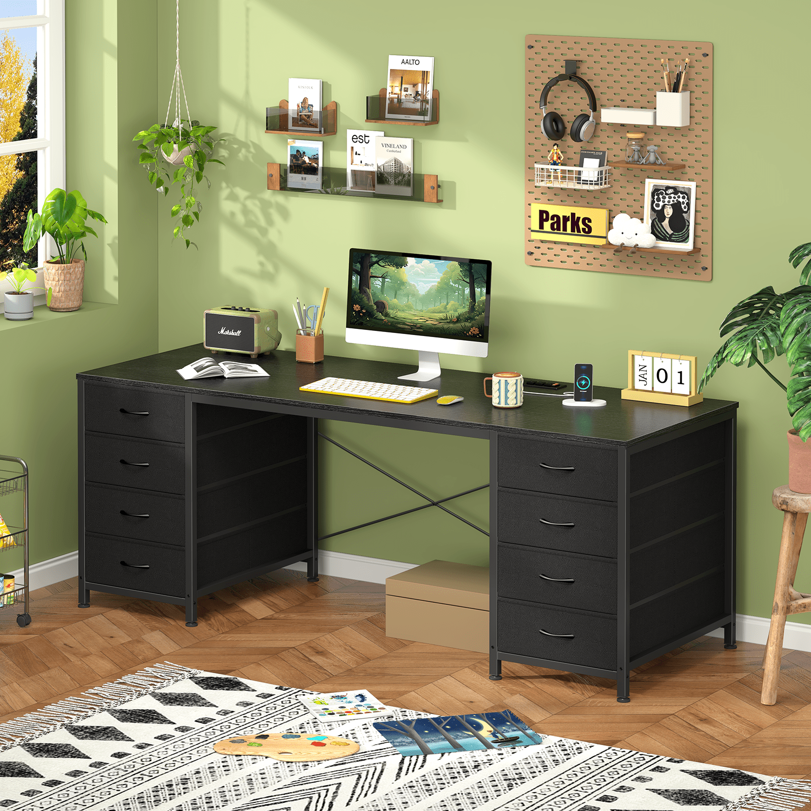 60 Inch Computer Desk with 8 Drawers, Home Office Desk with Power Outlets, Work Study Gaming Desk with 8 Fabric Drawers, Black