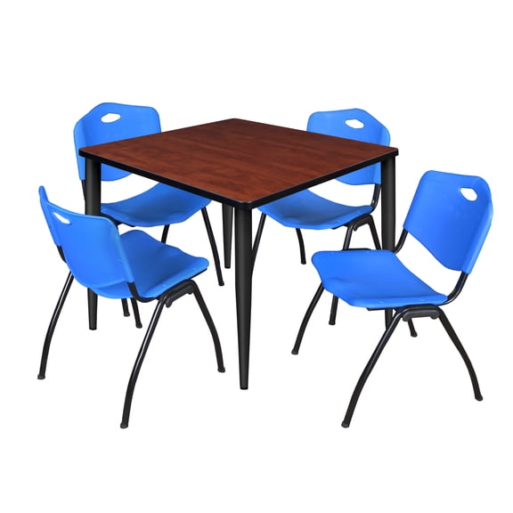 Romig Arco 36 in. Square Breakroom Table- Cherry Top, Black Base & 4 M Stack Chairs- Blue